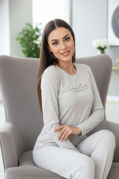 Açık Gri Liebling Desenli Uzun Kollu Dublin Örme Kadın Pijama Takımı - Pijamaevi (1)