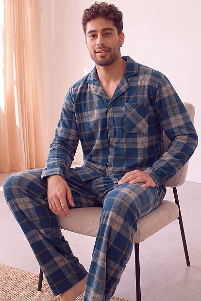 Açık Lacivert Ekose Desenli Önden Düğmeli Elegant Erkek Pijama Takımı - Pijamaevi
