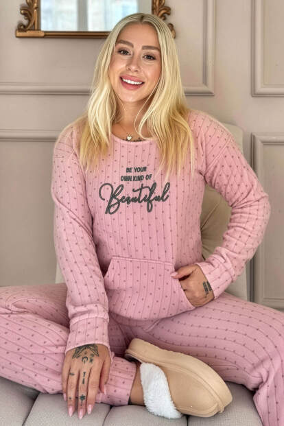 Açık Pembe Beautiful Desenli Kanguru Cepli Peluş Polar Pijama Takımı - Pijamaevi