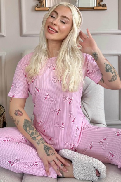 Açık Pembe Desenli Kısa Kol Örme Zincir Kadın Pijama Takımı - Pijamaevi