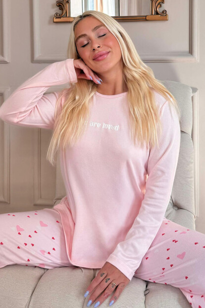 Açık Pembe Loved Desenli Termal Kadın Pijama Takımı - Pijamaevi