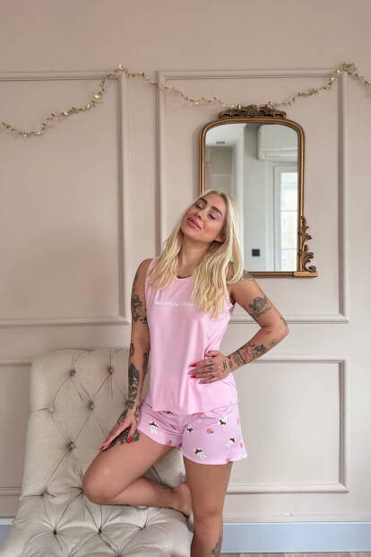 Açık Pembe Mignonne Desenli Bambu Sıfır Kol Şortlu Kadın Pijama Takımı - Pijamaevi (1)