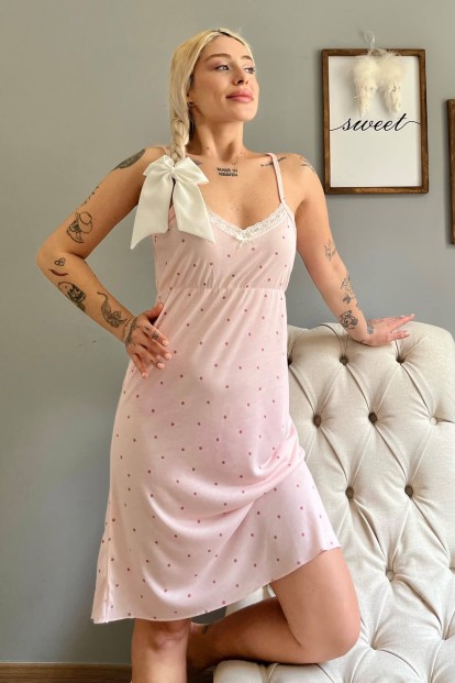 Açık Pembe Point Desenli Askılı Kol Kadın Gecelik - Pijamaevi