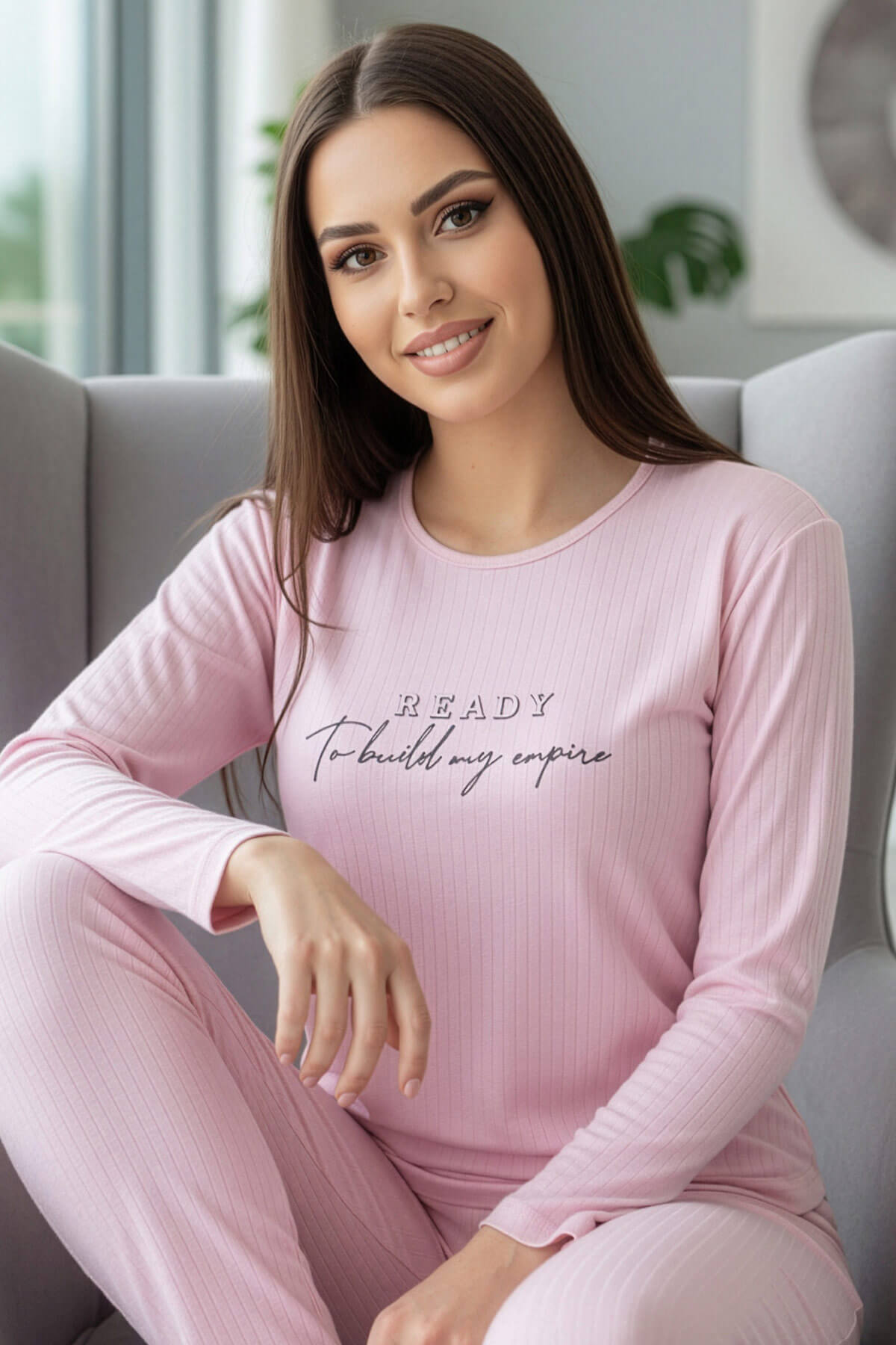 Açık Pembe Ready Desenli Uzun Kollu Dublin Örme Kadın Pijama Takımı