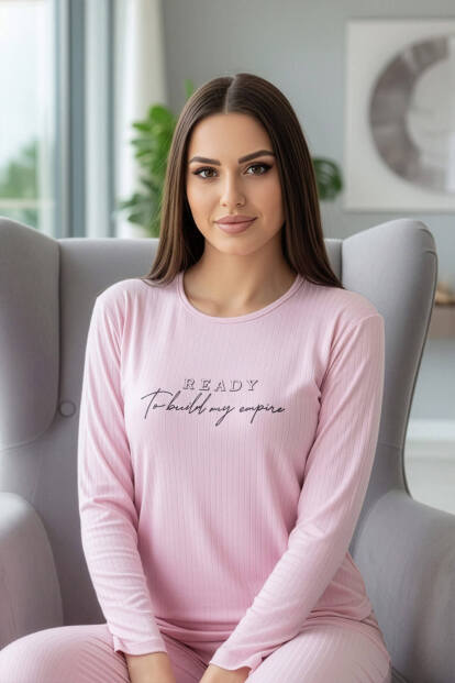 Açık Pembe Ready Desenli Uzun Kollu Dublin Örme Kadın Pijama Takımı - Pijamaevi (1)