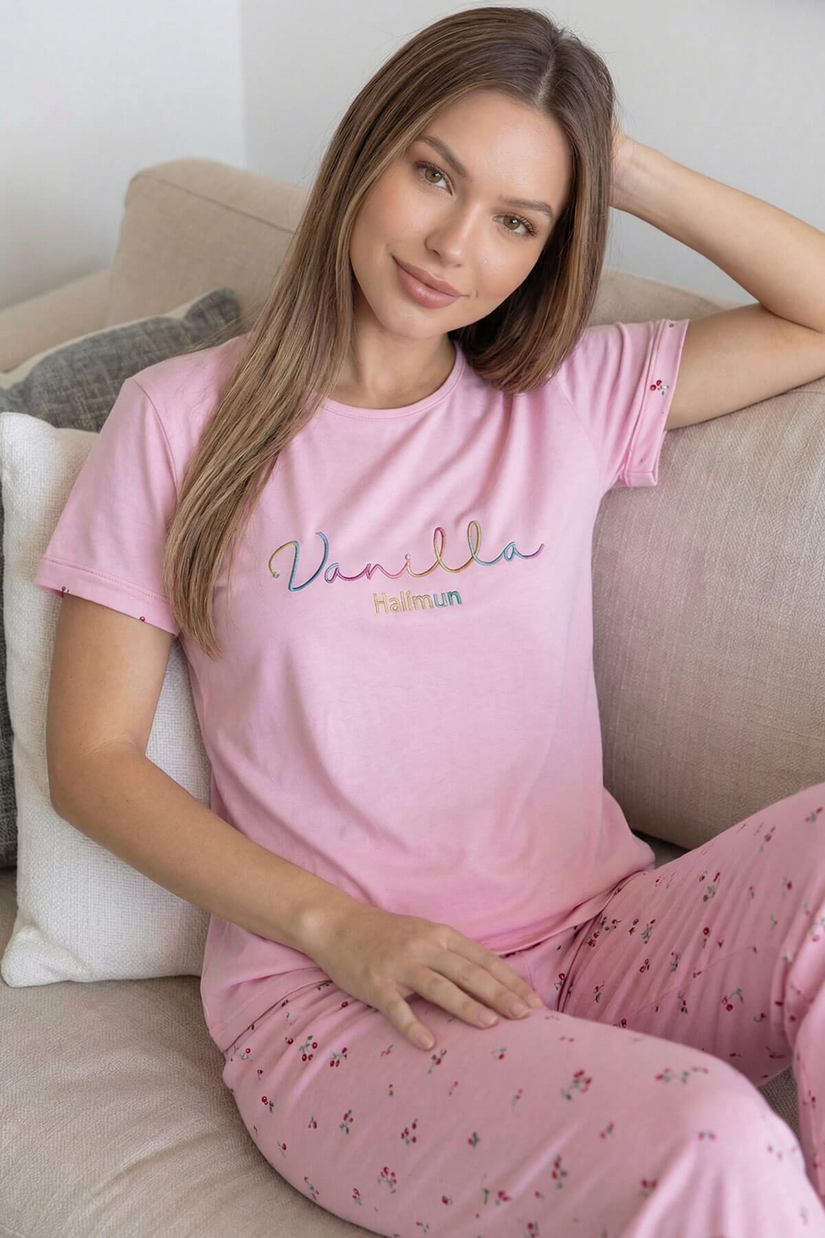 Açık Pembe Vanilla Desenli Bambu Kısa Kol Kadın Pijama Takımı