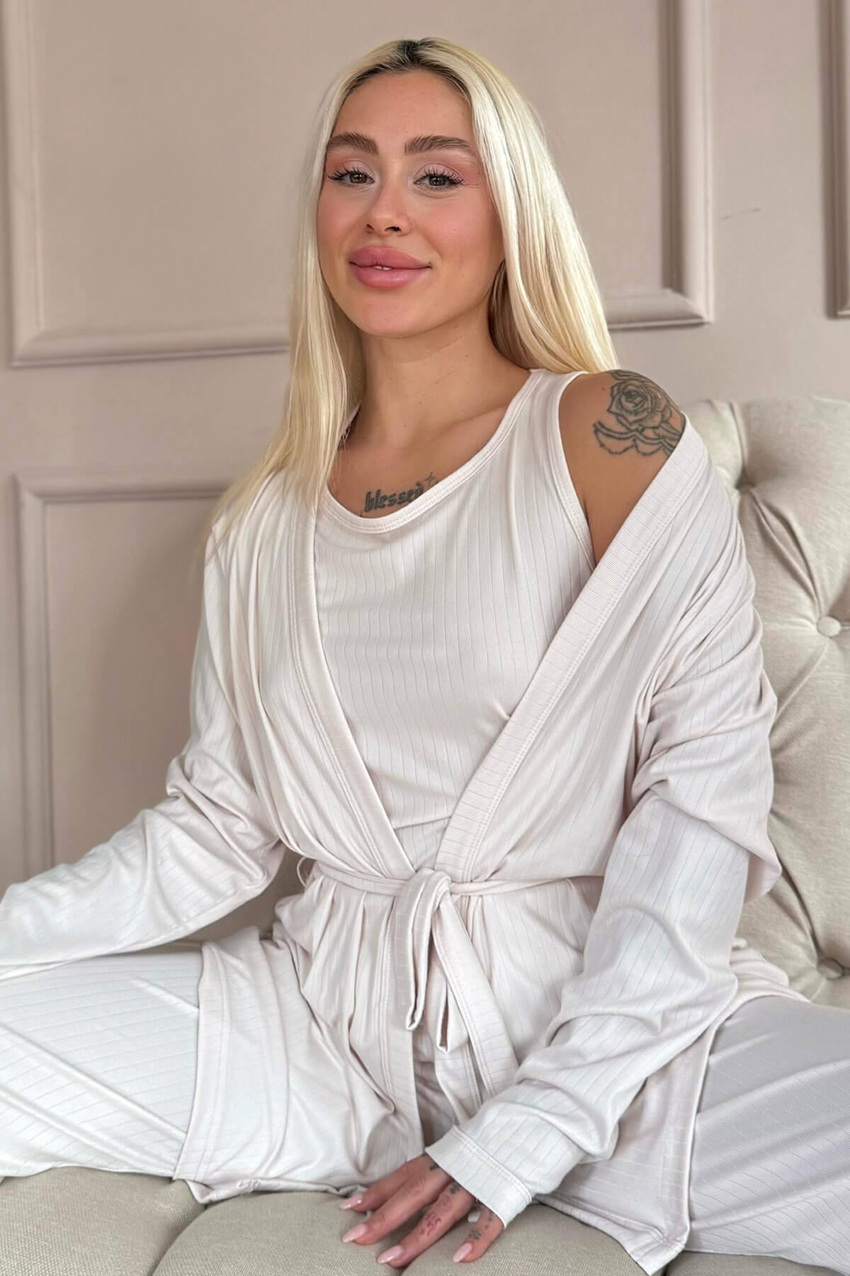 Açık Pudra Dublin Sabahlıklı Kadın Pijama Takımı