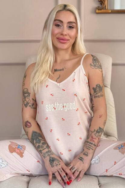 Açık Pudra See The Good Baskılı Ip Askılı Örme Kadın Pijama Takımı - Pijamaevi