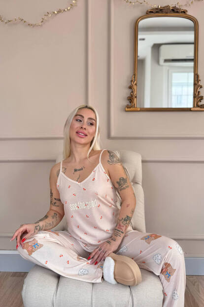 Açık Pudra See The Good Baskılı Ip Askılı Örme Kadın Pijama Takımı - Pijamaevi (1)