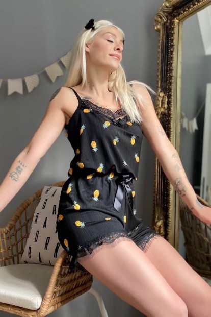 Ananas Pegasus Dantel Detaylı İp Askı Şortlu Örme Pijama Takımı - Pijamaevi