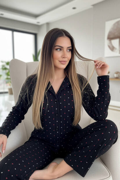 Antrasit Jantung Desenli Önden Düğmeli Peluş Polar Pijama Takımı - Pijamaevi (1)