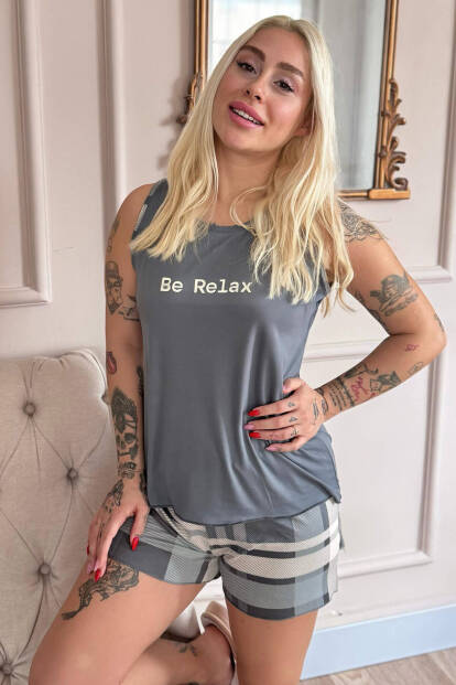 Antrasit Relax Desenli Bambu Sıfır Kol Şortlu Kadın Pijama Takımı - Pijamaevi