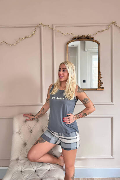 Antrasit Relax Desenli Bambu Sıfır Kol Şortlu Kadın Pijama Takımı - Pijamaevi (1)