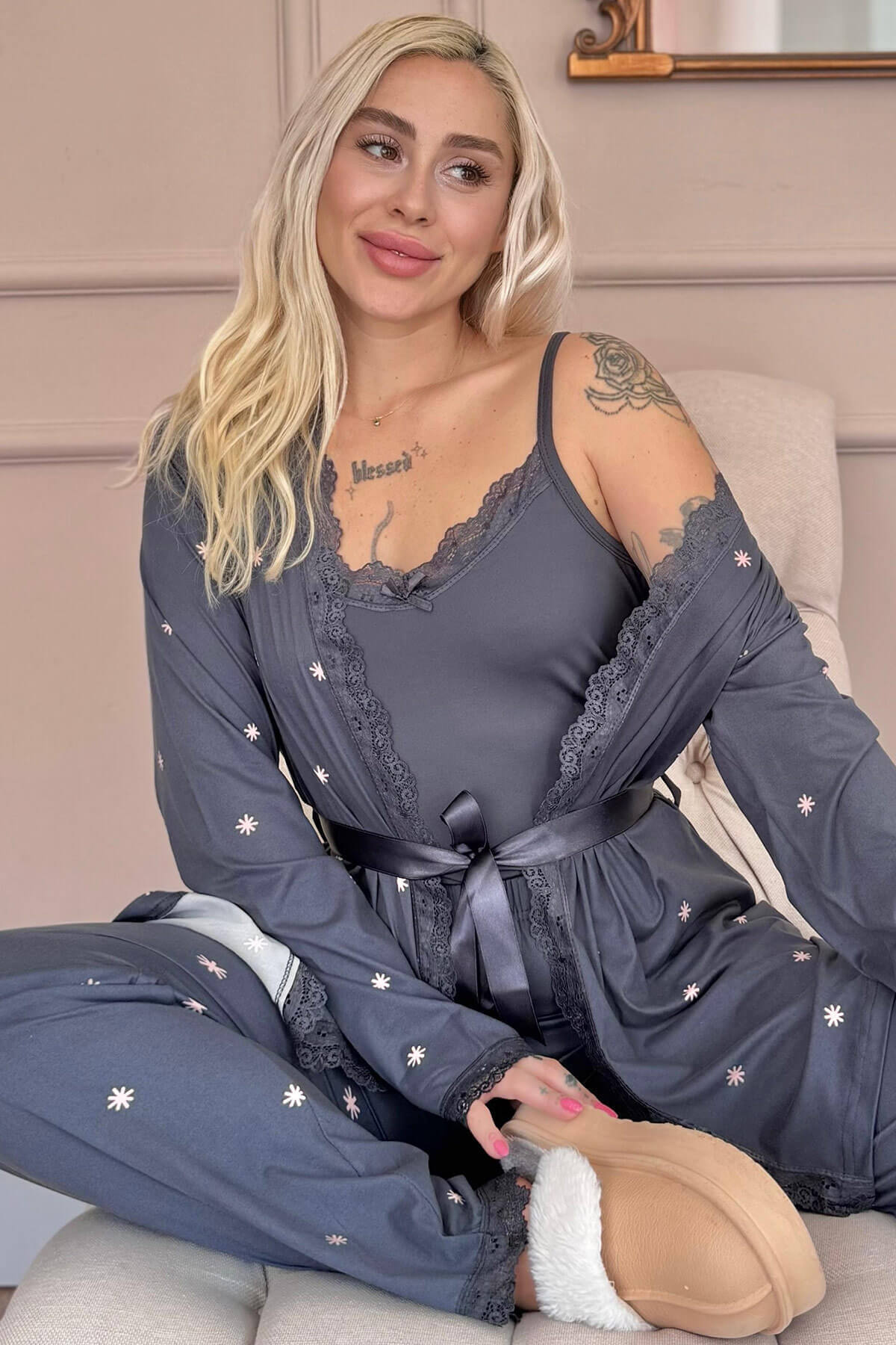 Antrasit Sunlit Desenli Bambu Sabahlıklı Kadın Pijama Takımı