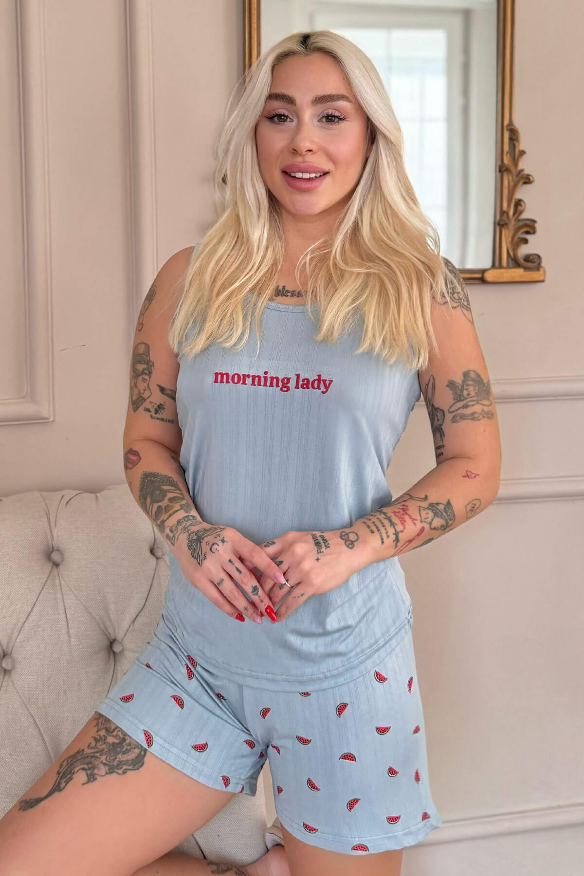 Aqua Morning Lady Desenli Şortlu Marlenka Kadın Pijama Takımı