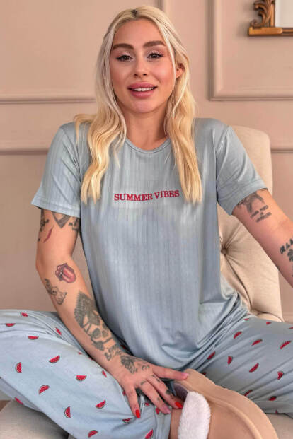 Aqua Summer Vibes Desenli Kısa Kollu Marlenka Kadın Pijama Takımı - Pijamaevi