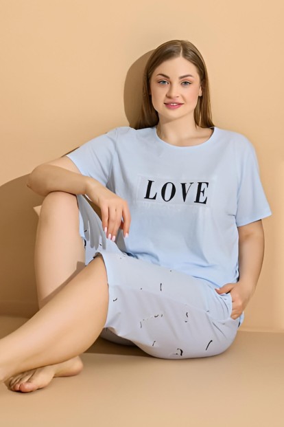 Bebe Mavi Love Baskılı Kapri Büyük Beden Battal Pijama Takımı - Pijamaevi