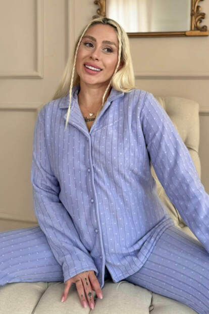 Bebe Mavi Mini Dotted Desenli Önden Düğmeli Peluş Polar Pijama Takımı - Pijamaevi