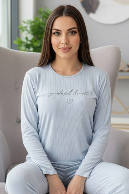 Bebe Mavisi Grateful Desenli Uzun Kollu Dublin Örme Kadın Pijama Takımı - Pijamaevi