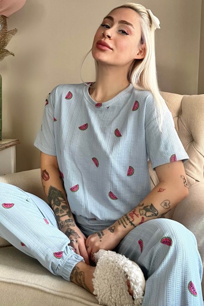 Bebe Mavisi Karpuz Desenli Örme Crop Kısa Kol Kadın Pijama Takım - Pijamaevi