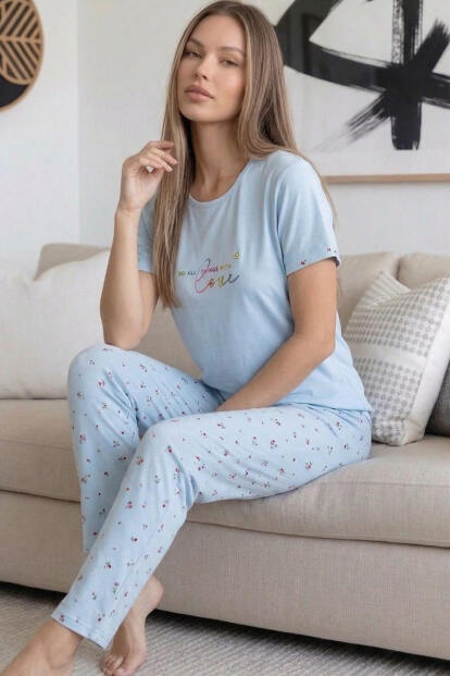 Bebe Mavisi Vanilla Desenli Bambu Kısa Kol Kadın Pijama Takımı - Pijamaevi