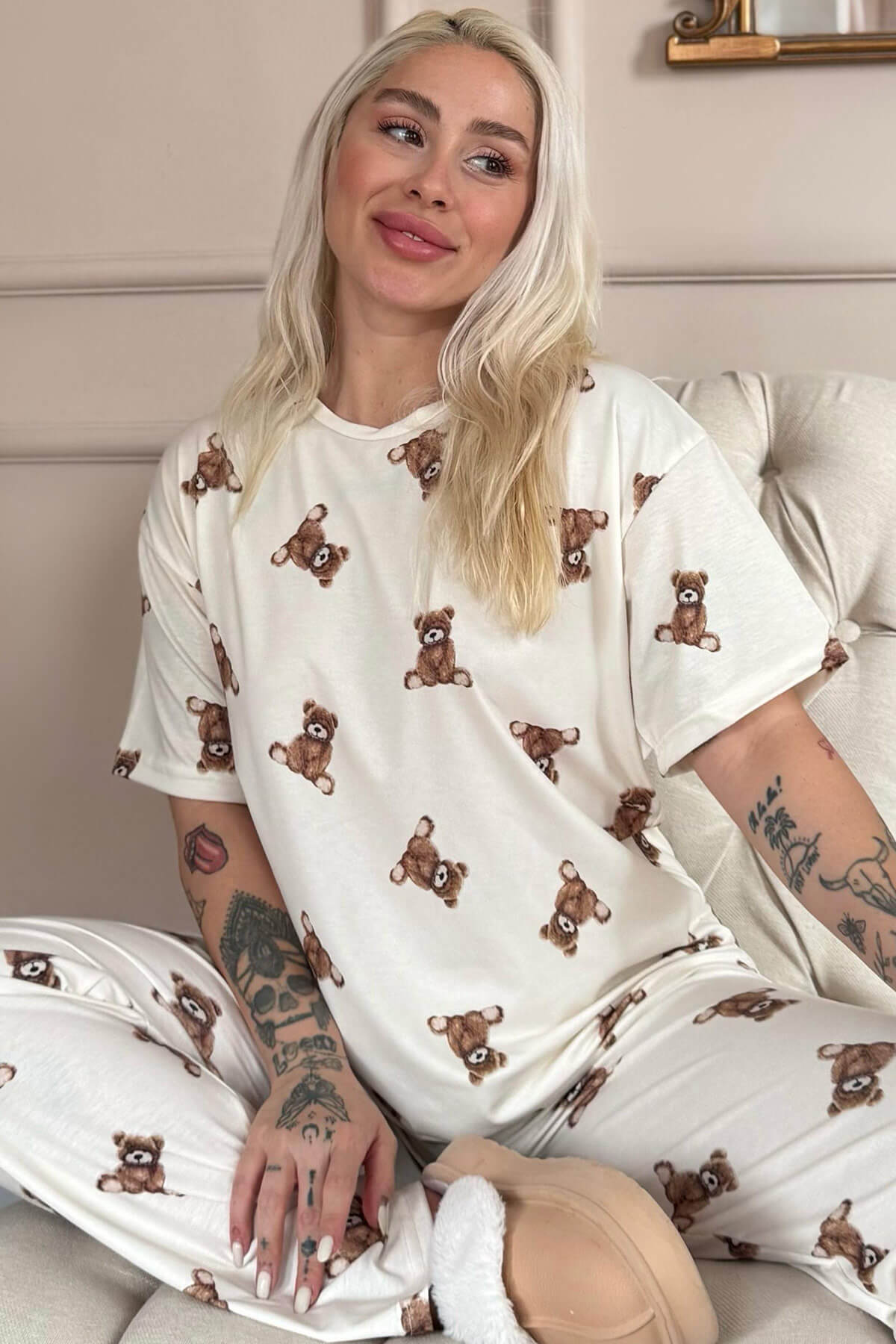 Beige Teddy Desenli Bambu Kısa Kol Kadın Pijama Takımı