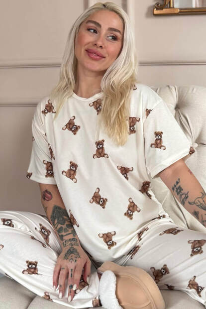 Beige Teddy Desenli Bambu Kısa Kol Kadın Pijama Takımı - Pijamaevi