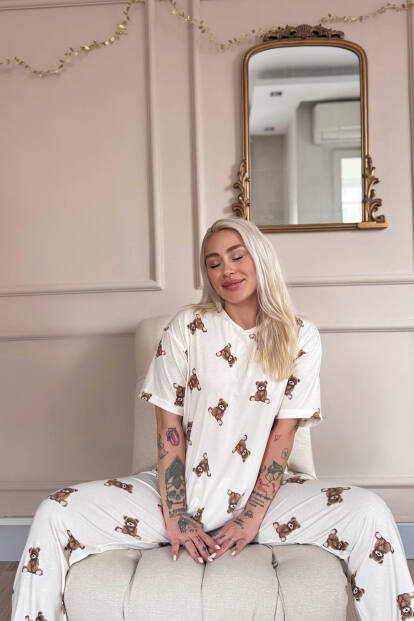 Beige Teddy Desenli Bambu Kısa Kol Kadın Pijama Takımı - Pijamaevi (1)