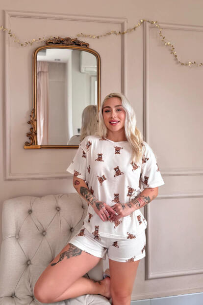 Beige Teddy Desenli Kısa Kollu Şortlu Örme Kadın Pijama Takımı - Pijamaevi (1)