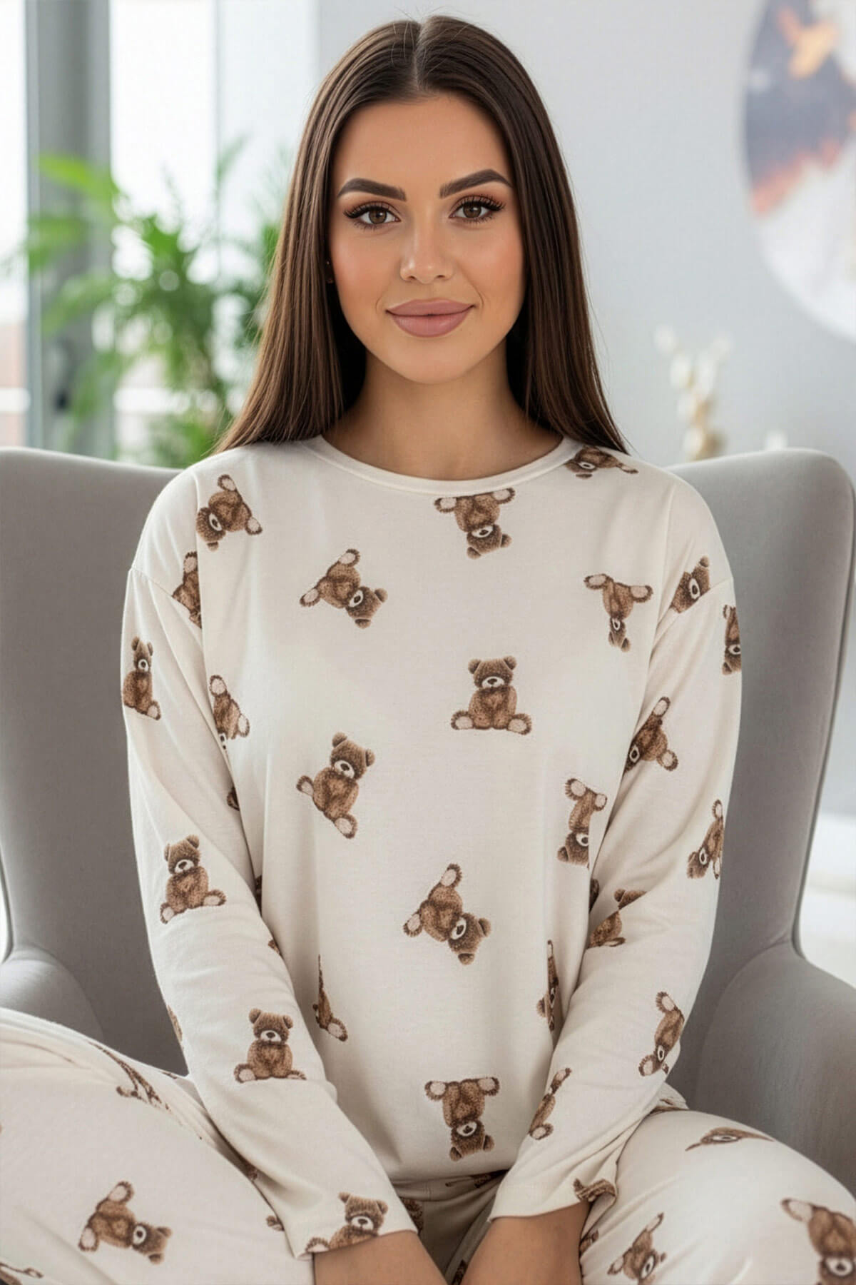 Beige Teddy Desenli Uzun Kollu Bambu Örme Kadın Pijama Takımı