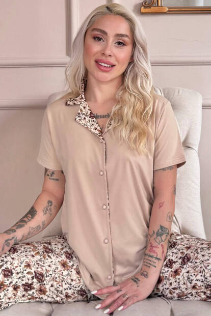 Bej Autumn Blossom Exclusive Önden Düğmeli Kadın Pijama Takımı - Pijamaevi
