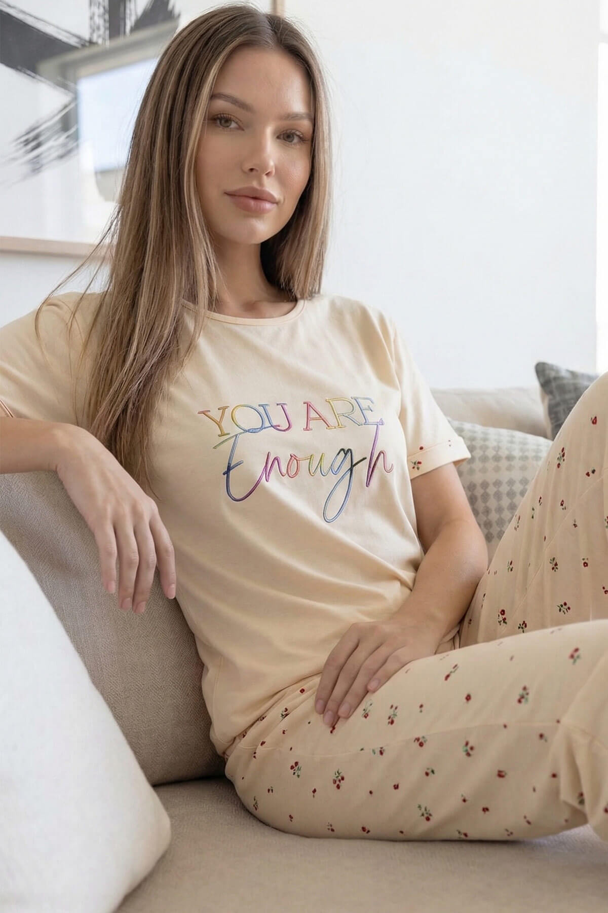 Bej Enough Desenli Bambu Kısa Kol Kadın Pijama Takımı