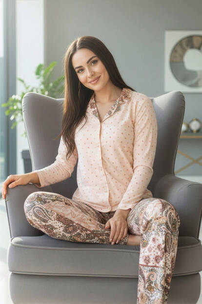 Bej Florado Exclusive Önden Düğmeli Uzun Kollu Kadın Pijama Takımı - Pijamaevi (1)