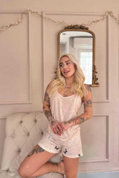 Bej Kurdele Desenli İp Askılı Şortlu Kadın Pijama Takımı - Pijamaevi (1)