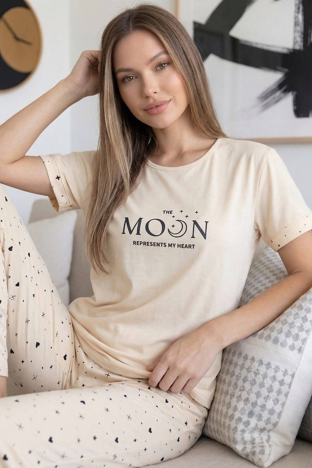 Bej Moon Desenli Bambu Kısa Kol Kadın Pijama Takımı