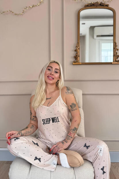 Bej Sleep Well Baskılı Ip Askılı Örme Kadın Pijama Takımı - Pijamaevi (1)
