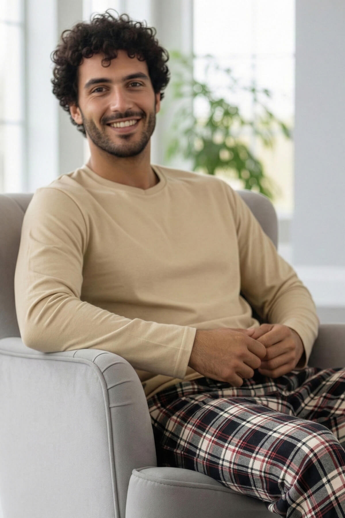Bej Stylish Erkek Uzun Kol Pijama Takımı
