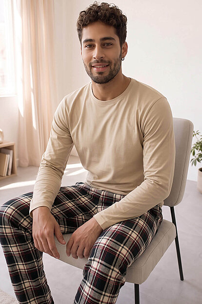Bej Stylish Erkek Uzun Kol Pijama Takımı - Pijamaevi