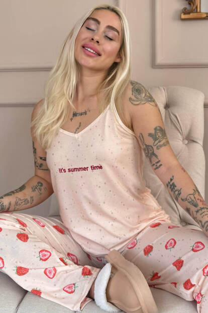 Bej Summer Time Baskılı Ip Askılı Örme Kadın Pijama Takımı - Pijamaevi
