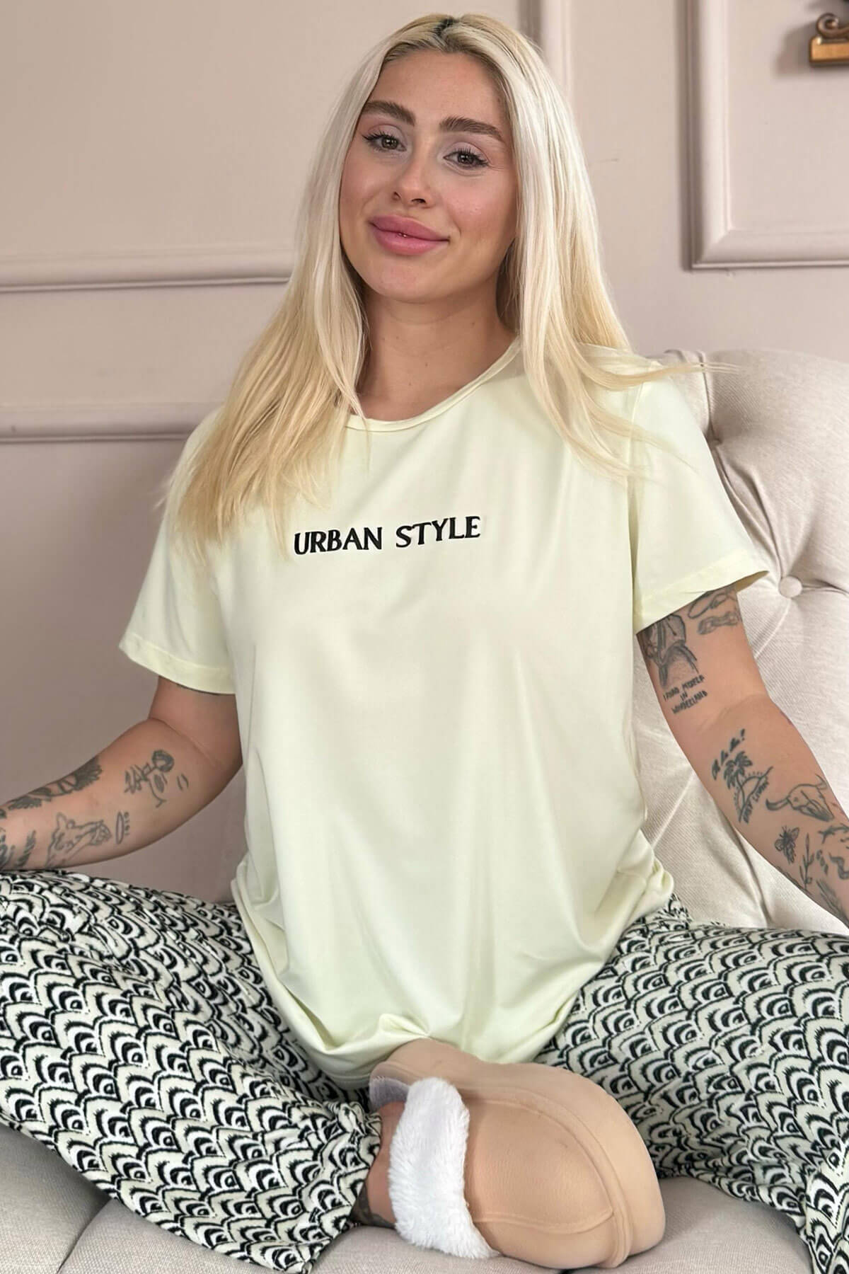 Bej Urban Style Desenli Kısa Kollu Örme Kadın Pijama Takımı