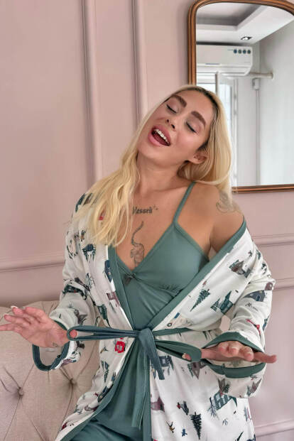 Beyaz Home Desenli Termal Gecelik Sabahlıklı Kadın Pijama Takımı - Pijamaevi (1)