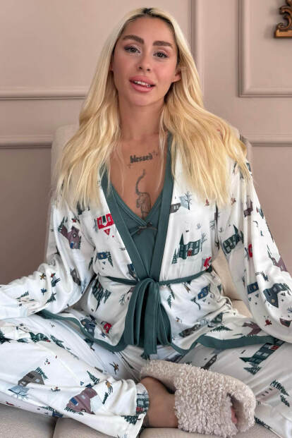 Beyaz Home Desenli Termal Sabahlıklı Kadın Pijama Takımı - Pijamaevi