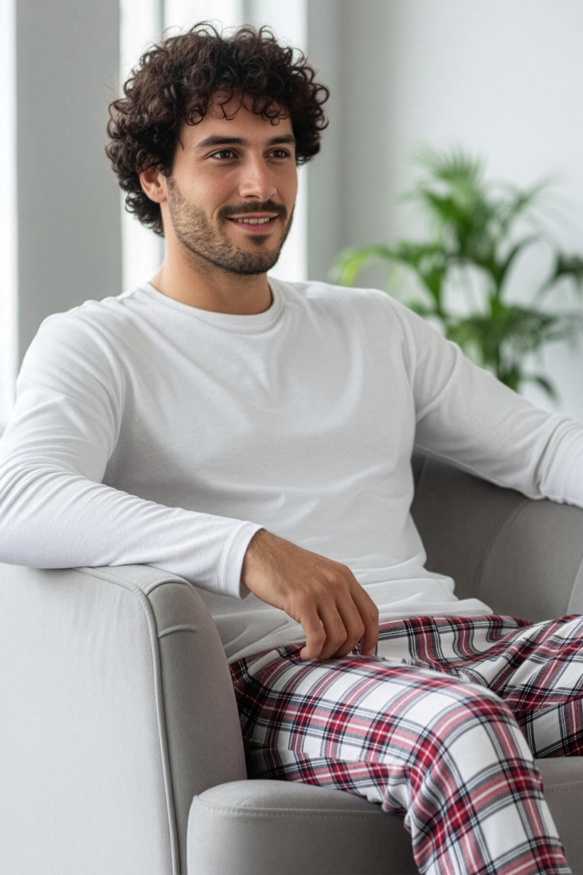 Beyaz Stylish Erkek Uzun Kol Pijama Takımı