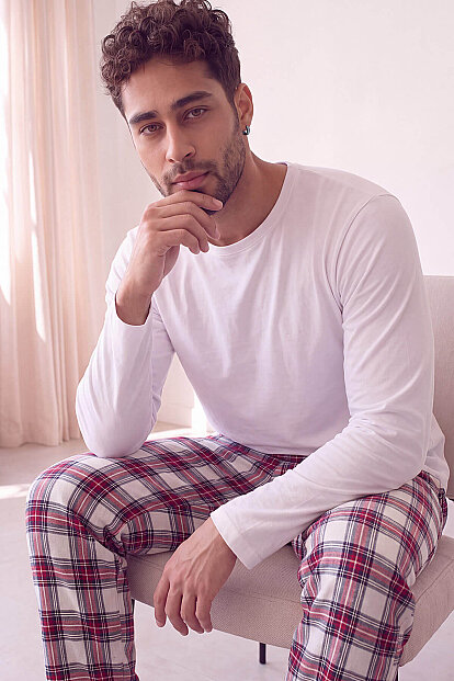 Beyaz Stylish Erkek Uzun Kol Pijama Takımı - Pijamaevi