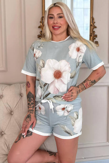 Bleu Magnolia Desenli Kısa Kollu Şortlu Bambu Kadın Pijama Takımı - Pijamaevi