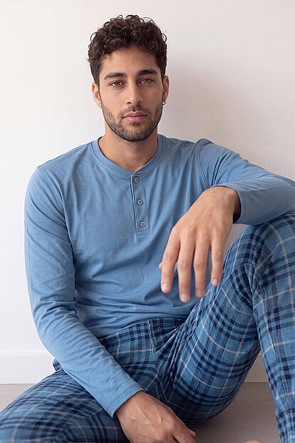 Blue Stylish Erkek Uzun Kol Pijama Takımı - Pijamaevi
