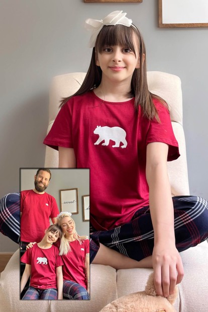 Bordo Bear Kısa Kol Anne Kız Aile Pijaması - Çocuk Takımı - Pijamaevi