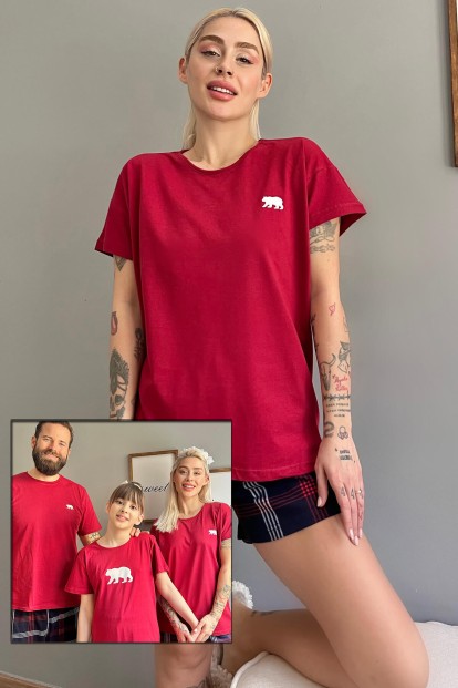 Bordo Bear Şortlu Sevgili Aile Pijaması - Kadın Takımı - Pijamaevi
