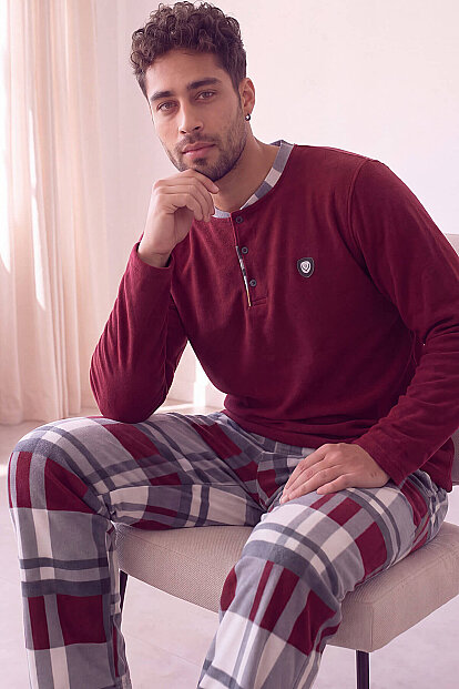 Bordo Beyaz Ekose Desenli Polar Erkek Pijama Takımı - Pijamaevi