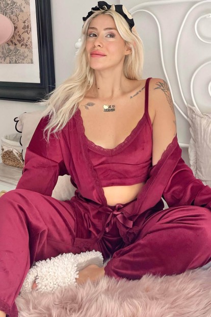 Bordo Crop Exclusive Kadife Sabahlıklı Kadın Pijama Takımı  - Pijamaevi